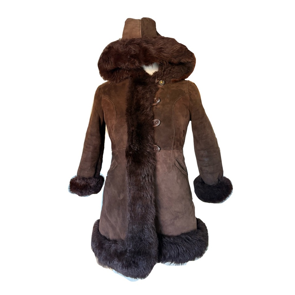 Vintage Brown Toscana Shearling Sheepskin Coat With Hood